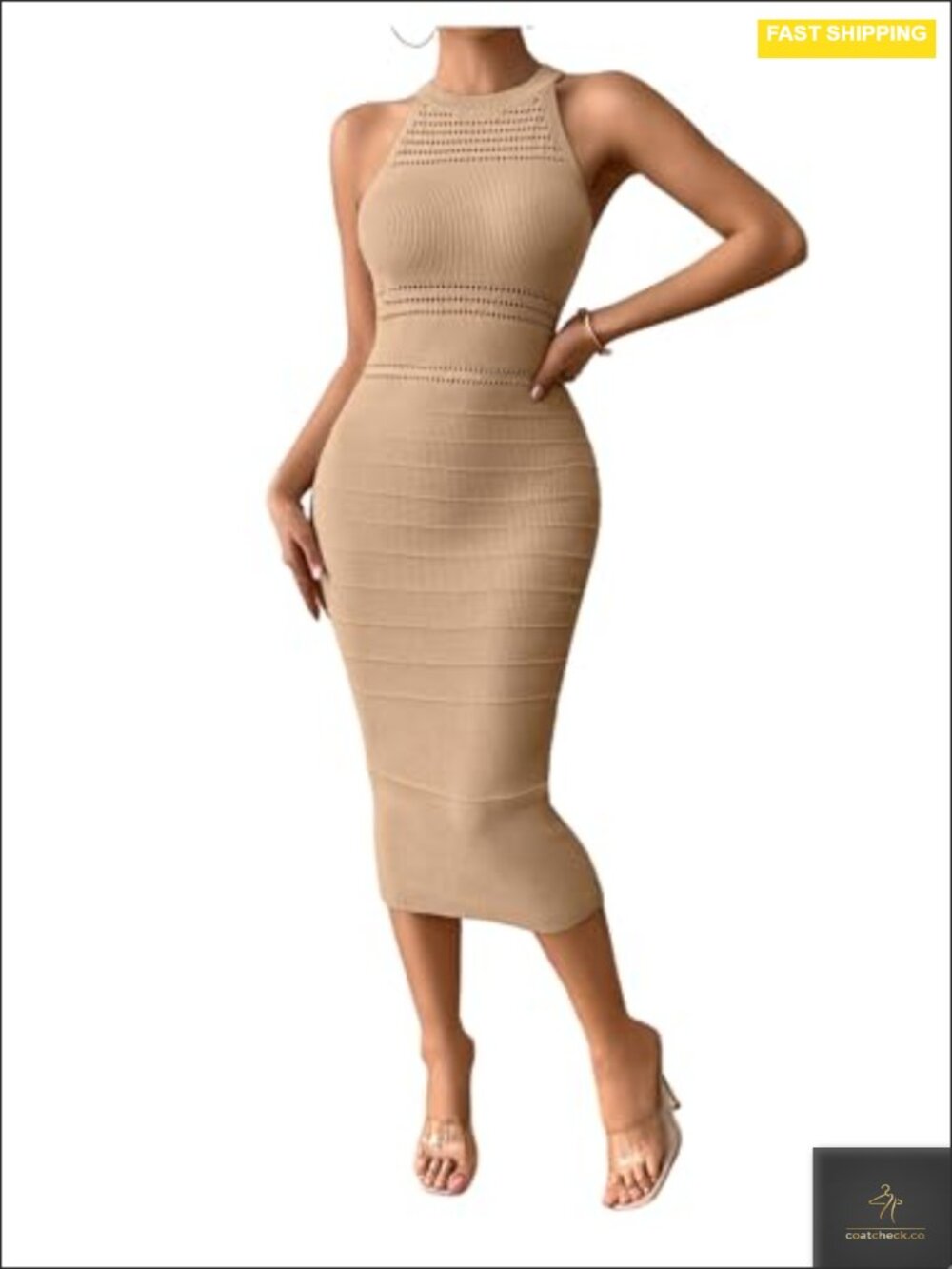 Crochet Halter Midi Dress Bodycon Knit Sleeveless Summer